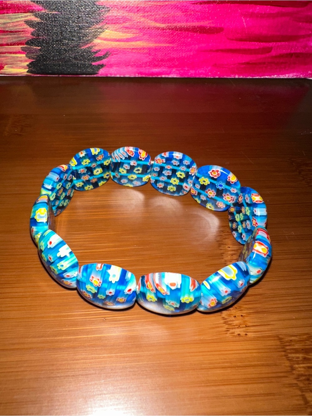 Blue Millefiori Glass Italian Bead Stretch Bracelet